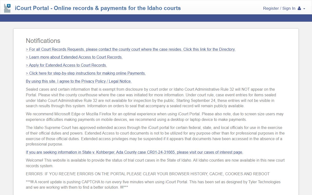 Payette County court dockets Idaho MyCourts entry point