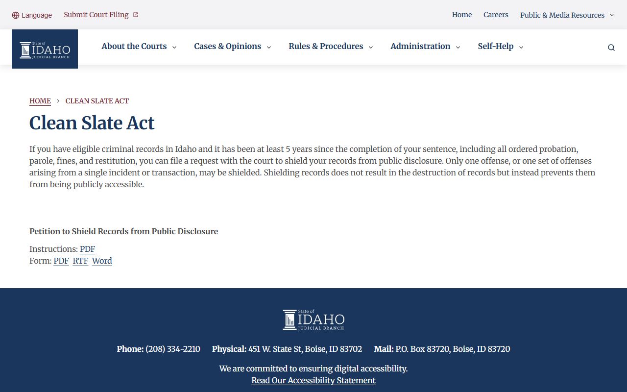 Payette County criminal court records Idaho Clean Slate Act