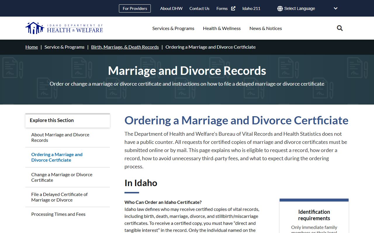 Payette County court records marriage divorce certificate ordering