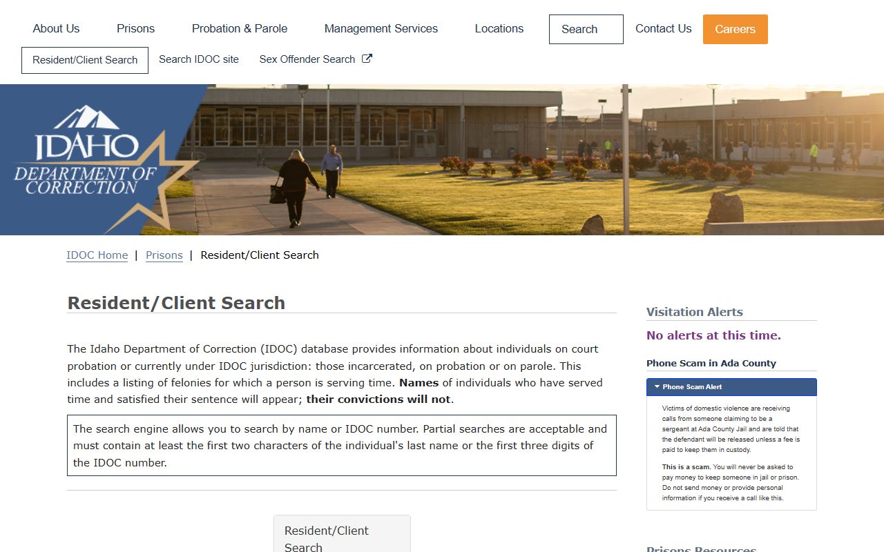 Payette County inmate search IDOC resident client search screen