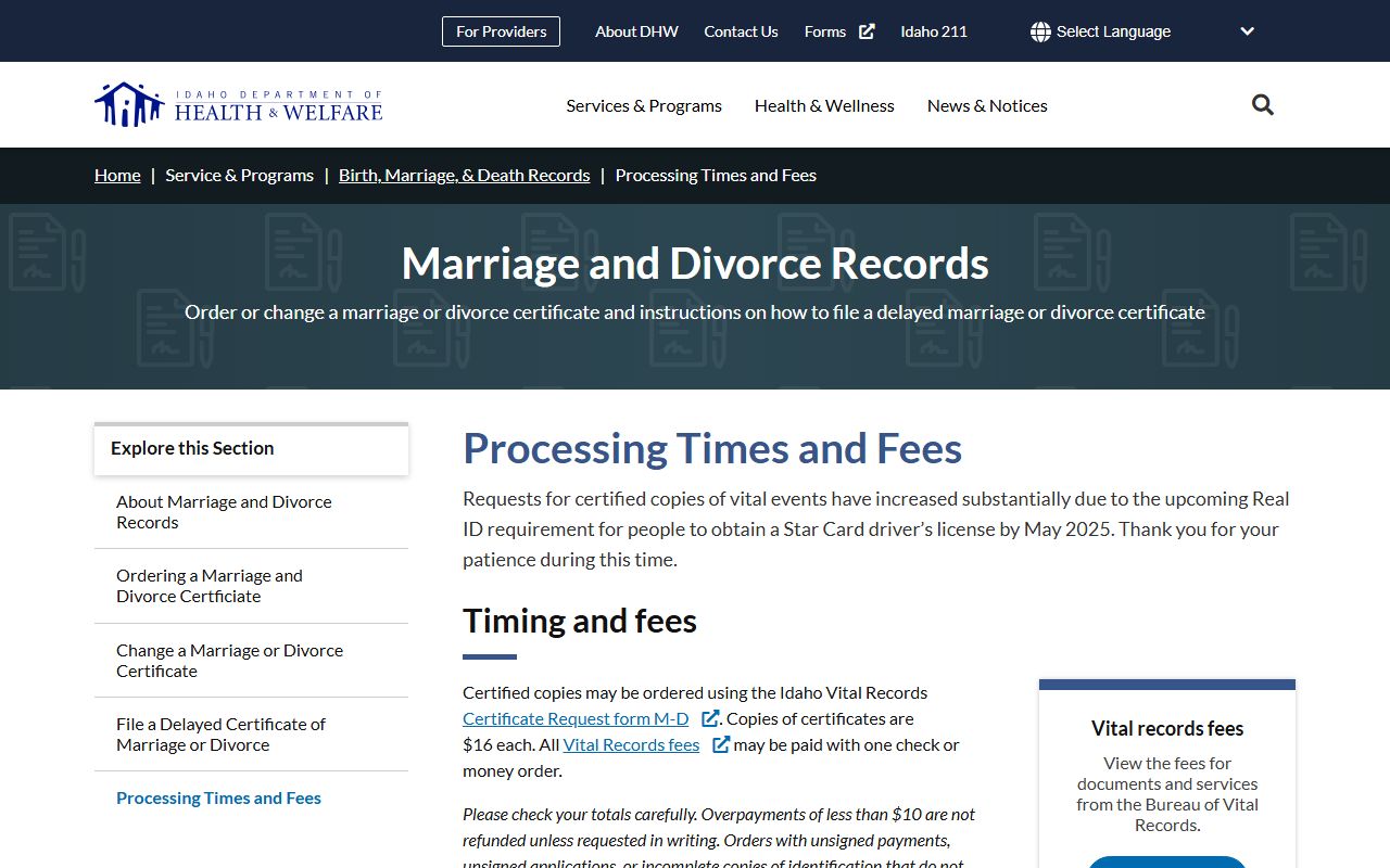 Payette County marriage and divorce records DHW fees