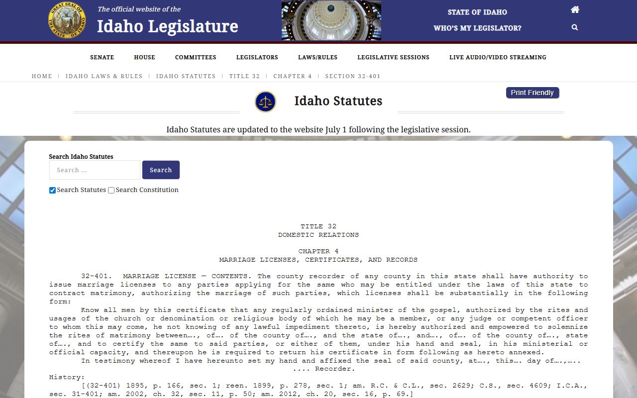 Payette County marriage records Idaho license contents statute