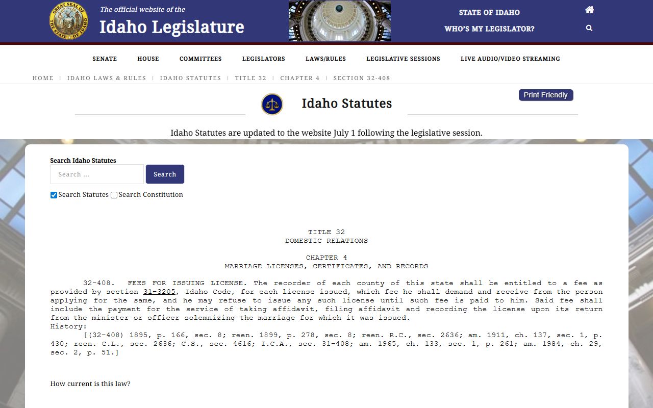 Payette County marriage records Idaho fee statute