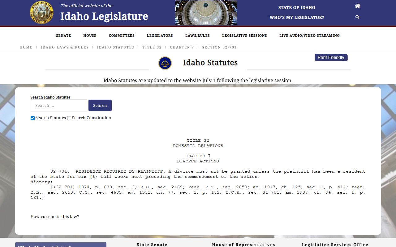Payette County divorce records Idaho residency statute