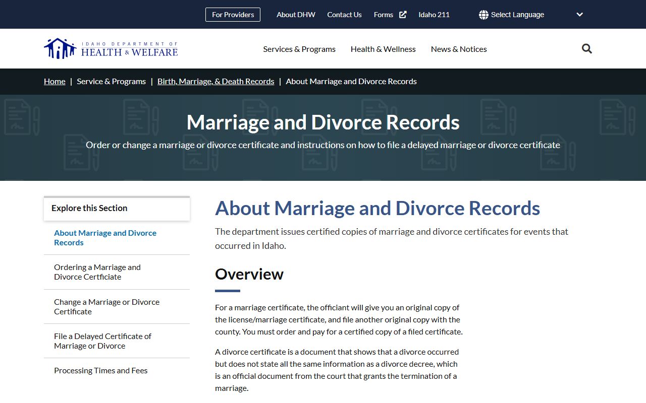 Payette County marriage and divorce records Idaho DHW overview